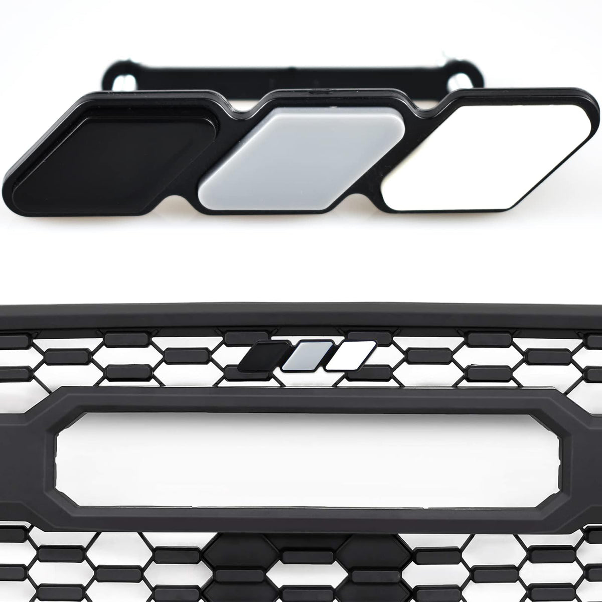 Tri-Color Grille Badge Compatible with Toyota Trucks, Gray Fits Grilles on Tacoma, 4Runner, Tundra, Sequoia, Rav4 and Highlander. White, Light Gray and Gray Acrylic Badge.
