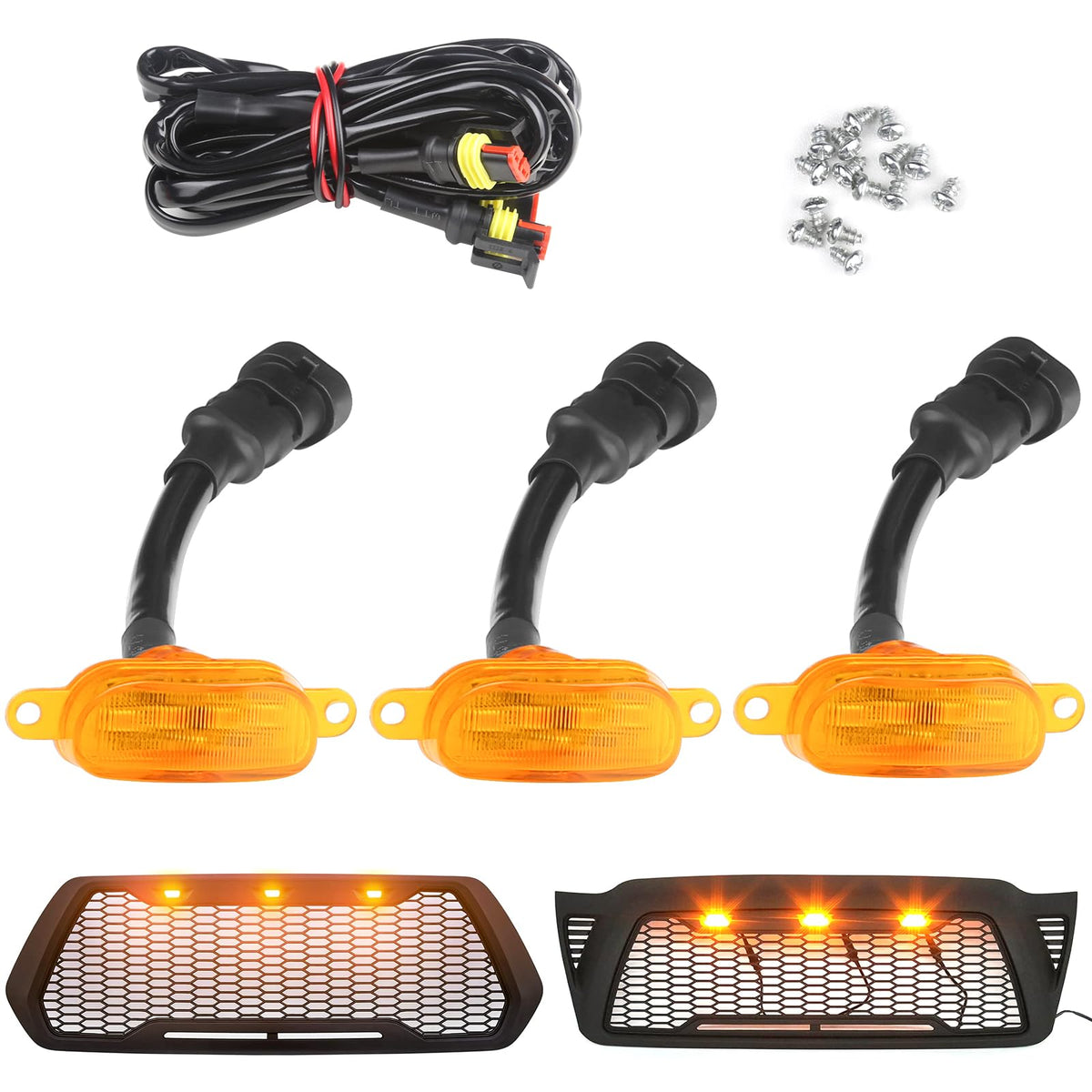 Amber LED Grille Lights Compatible with Toyota Tacoma Grills, 3Pcs Compatible with 2005-2011 and 2016-2020 Aftermarket Grille Styles. Waterproof Grille Lamps Install without Drilling.