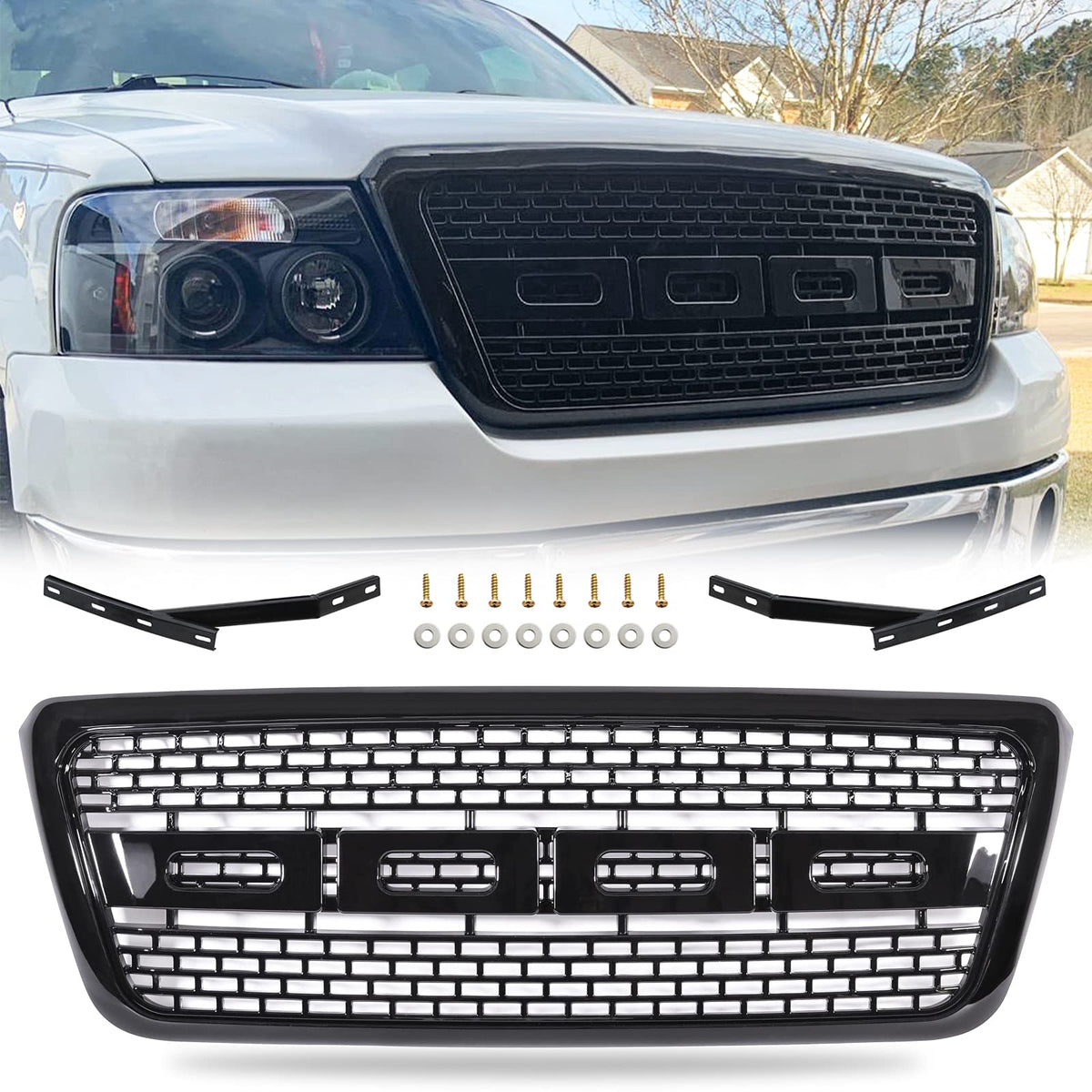 Front Grille Compatible with Ford F150 2004-2008 Raptor Grill Gloss Black Mesh Replacement Grille Fits 2004-2008 F-150 Models and Installs Using The original Mounting Points.