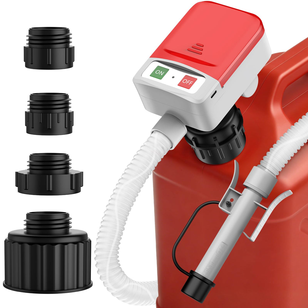 Fuel Transfer Pump with Auto-Stop, Battery USB Powered 3.2 Gpm Fits Gasoline, Diesel, Kerosene Transfer Needs. Battery or USB Pump Has Auto-Stop, 4 Adapters and a 51-Inch Hose.