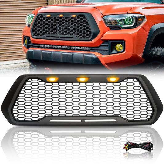Front Mesh Grille Compatible with Toyota Tacoma 2016-2020 with LEDs Fits toyota Tacoma 2016-2020. Abs Honeycomb Grille Has 3 Amber LEDs and Wiring Harness; Not for Trucks with a Front Camera.