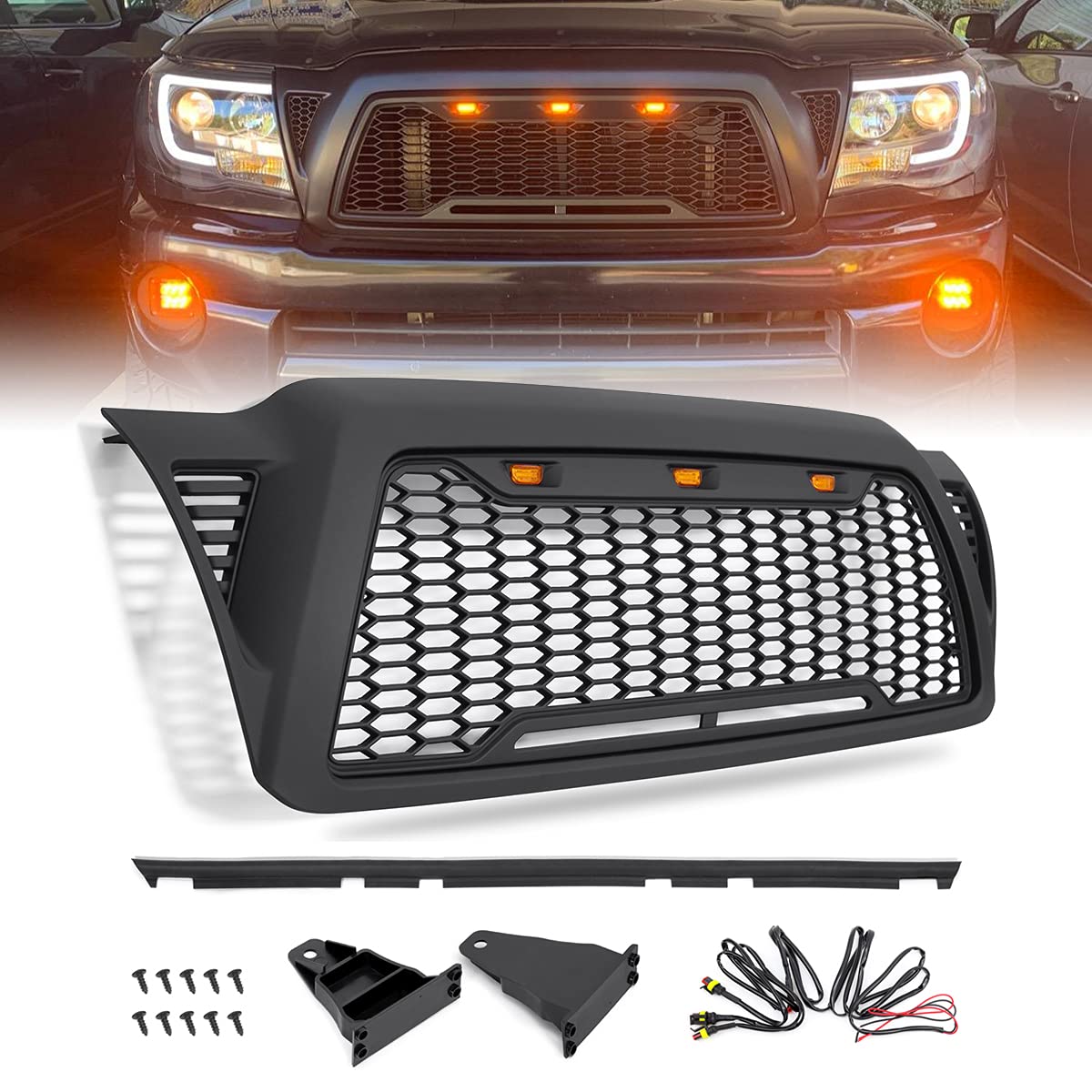 Mesh Front Grille Compatible with Toyota Tacoma 2005-2011,Matte Black Fits toyota Tacoma 2005-2011. Abs Honeycomb Grille Includes 3 Amber LEDs; Not for Trucks with a Front Sensor or Tss.