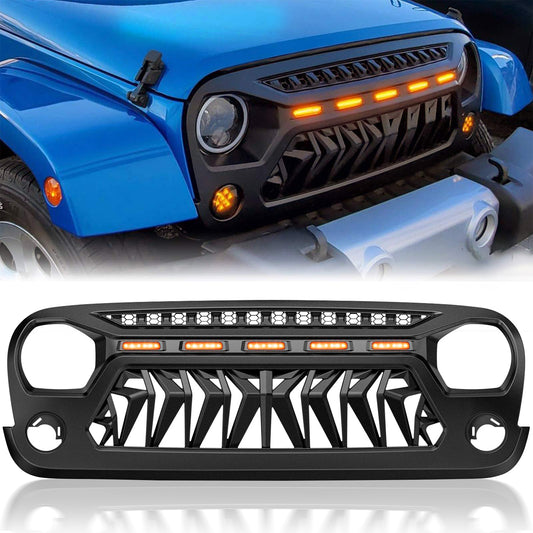 Shark Grille Compatible with Jeep Wrangler Jk Jku 2007-2018 with LEDs Matte Black Grille Fits Rubicon, Sahara, Sport and Unlimited Models and Includes 5 Amber LEDs Plus Installation Hardware.