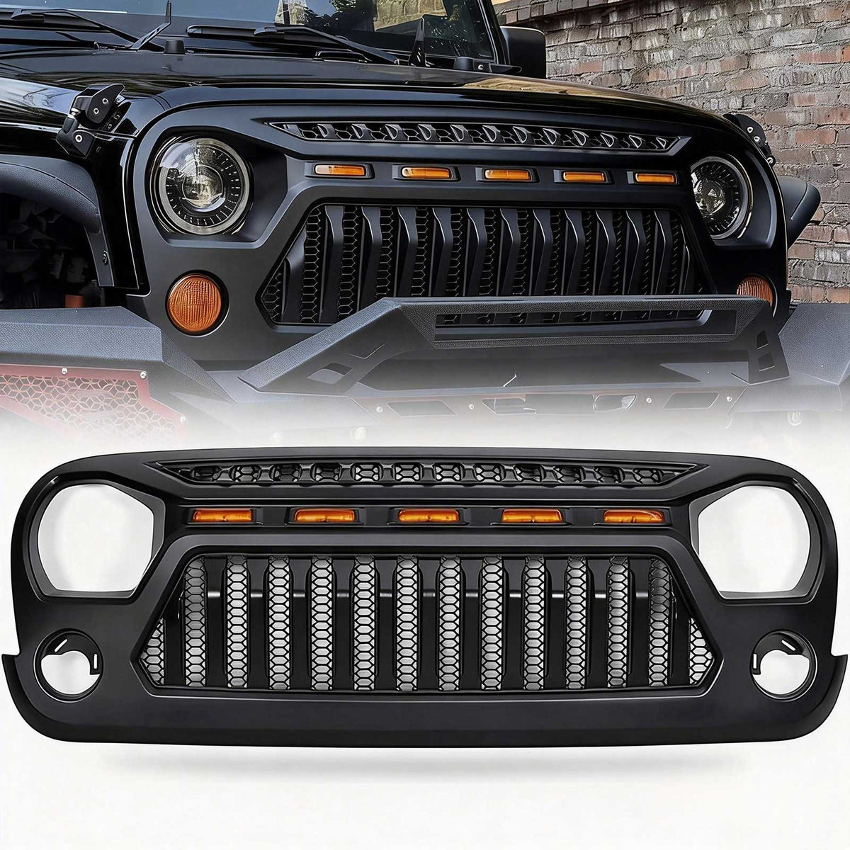 Angry Face Grille Compatible with Jeep Wrangler Jk Jku 2007-2018 Matte Black Replacement Grille Fits Rubicon, Sahara and Sport Models and Includes 5 Amber LEDs Plus Installation Hardware.
