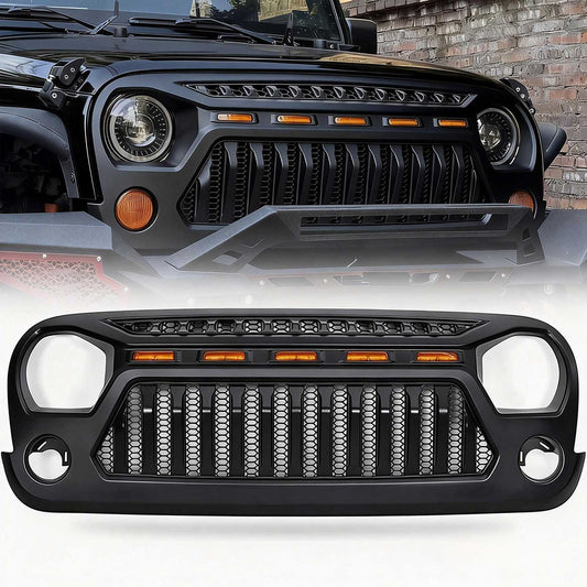 Angry Face Grille Compatible with Jeep Wrangler Jk Jku 2007-2018 Matte Black Replacement Grille Fits Rubicon, Sahara and Sport Models and Includes 5 Amber LEDs Plus Installation Hardware.