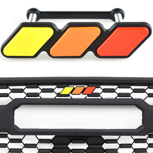 Tri-Color Grille Badge Compatible with Toyota Trucks Fits Grilles on Tacoma, 4Runner, Tundra, Sequoia, Rav4 and Highlander. Yellow, orange and Red Acrylic Badge.