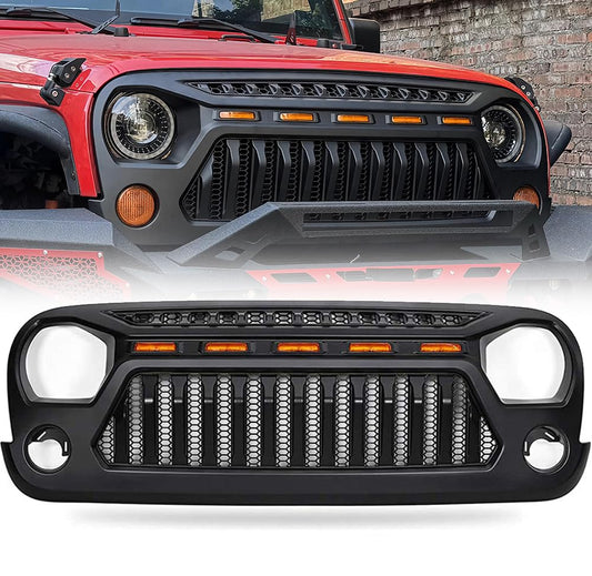 Angry Face Grille Compatible with Jeep Wrangler Jk Jku 2007-2018 Matte Black Replacement Grille Fits Rubicon, Sahara and Sport Models and Includes 5 Amber LEDs Plus Installation Hardware.