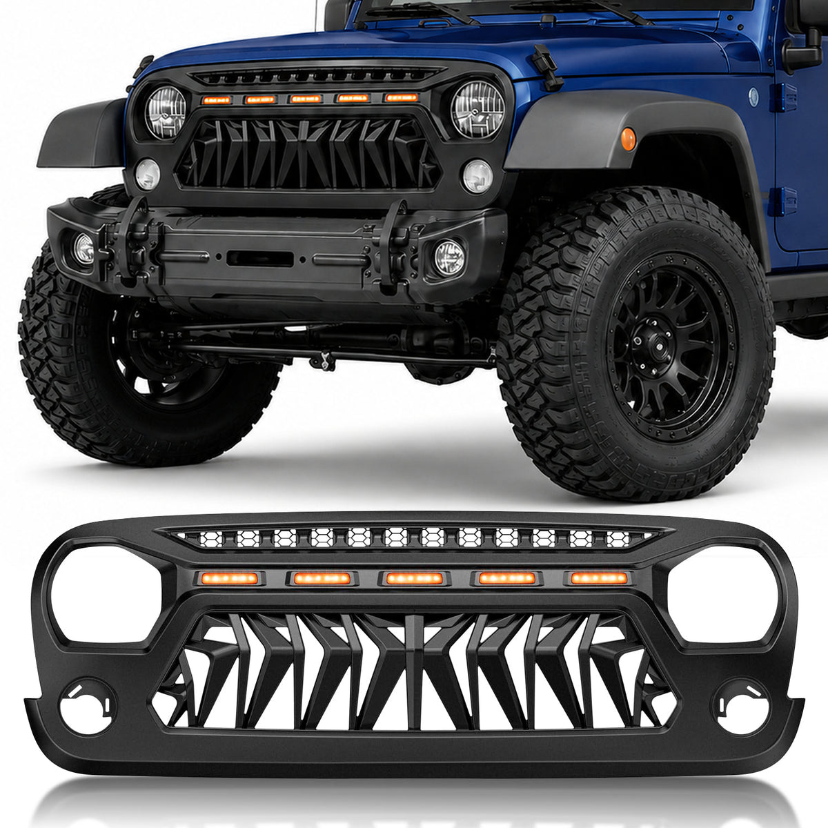 Shark Grille Compatible with Jeep Wrangler Jk Jku 2007-2018 Direct-Fit Grille Fits Rubicon, Sahara, Sport and Unlimited Models and Includes Grille Inserts and Installation Hardware.