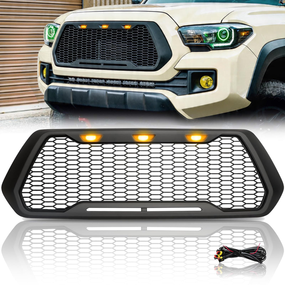 Front Mesh Grill Compatible with Toyota Tacoma 2016-2020 with LEDs Fits toyota Tacoma 2016-2020. Abs Honeycomb Grill Has 3 Amber LEDs and Wiring Harness; Not for Trucks with a Front Camera.
