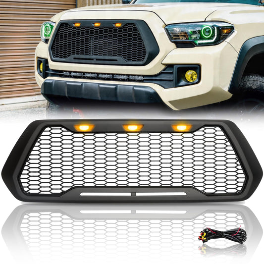Front Mesh Grill Compatible with Toyota Tacoma 2016-2020 with LEDs Fits toyota Tacoma 2016-2020. Abs Honeycomb Grill Has 3 Amber LEDs and Wiring Harness; Not for Trucks with a Front Camera.