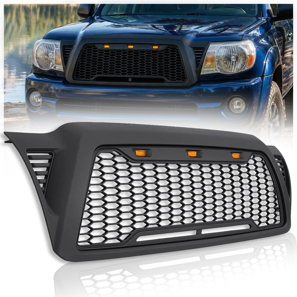 Mesh Front Grill Compatible with Toyota Tacoma 2005-2011 with LEDs Fits toyota Tacoma 2005-2011. Matte Black Abs Grill Has 3 Amber LEDs and Harness; Not for Tss-EquIPped Trucks.